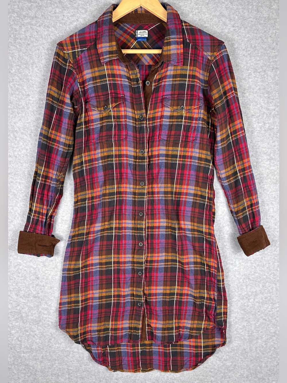 KAVU Plaid Flannel Shirt Dress Small Corduroy Elbow Patches Trim Outdoorsy